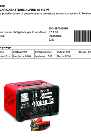 Caricabatterie Telwin Alpine 15 110 W scheda tecnica Alfaworld