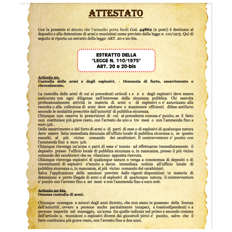 Armadio portafucili 2 posti attestato di certificazione Alfaworld